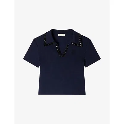 Sandro Womens Navy Blue Beaded-collar Stretch-cotton Polo Shirt