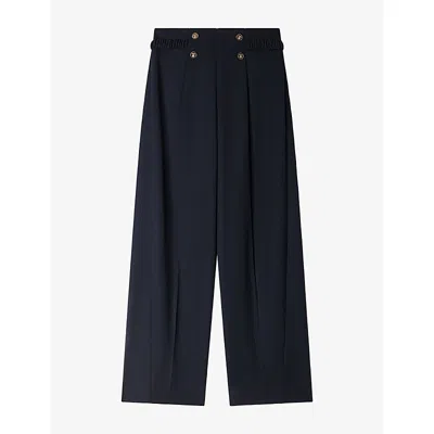 Sandro Womens Navy Blue Buttoned Wide-leg Wool-blend Trousers