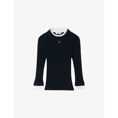 Sandro Womens Navy Blue Contrast-trim Slim-fit Knitted Jumper In Black