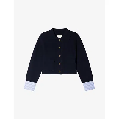 Sandro Womens Navy Blue Contrast-trim Wool-blend Polo Cardigan