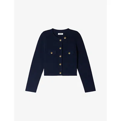 Sandro Womens Navy Blue Cropped Ribbed Knitted Cardigan