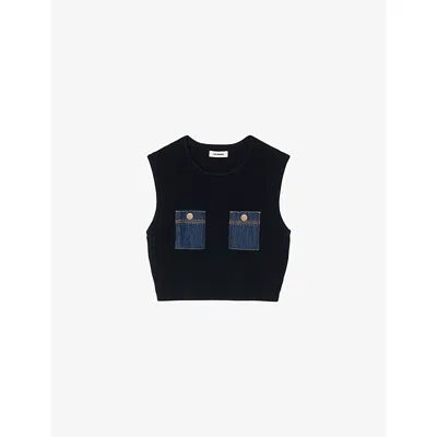 Sandro Womens  Denim-pockets Sleeveless Knitted Top In Black