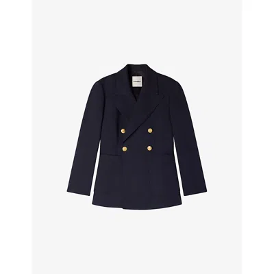 Sandro Womens Navy Blue Double-breasted Slim-fit Wool-blend Blazer
