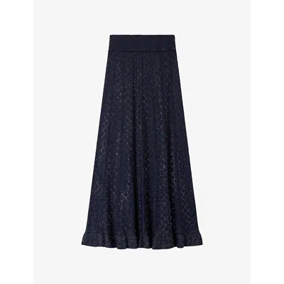 Sandro Womens Navy Blue Flared Rhinestone-knit Maxi Skirt