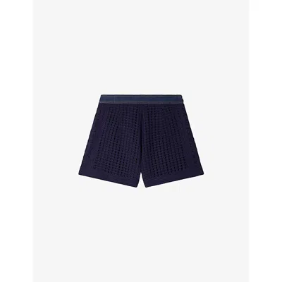 Sandro Womens Navy Blue High-rise Denim-trim Crochet Shorts