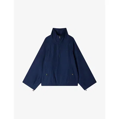 Sandro Womens Navy Blue Oversized Brand-embroidered Woven Jacket