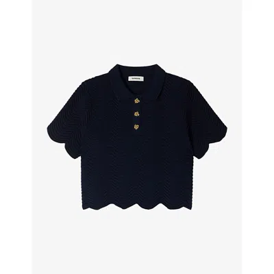 Sandro Womens  Scalloped-trim Cropped Stretch-knit Polo Shirt In Blue