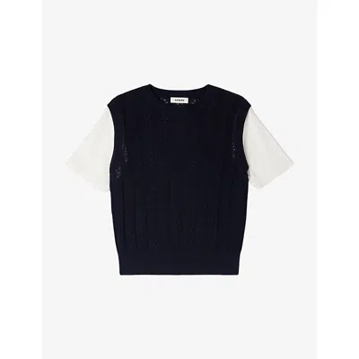 Sandro Womens  Short-sleeve Pointelle-knit Wool Jumper In Black