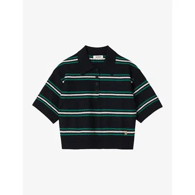 Sandro Womens Navy Blue Stripe Polo-neck Knitted Top In Black