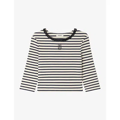 Sandro Womens Navy Blue Striped Cropped Cotton-jersey T-shirt