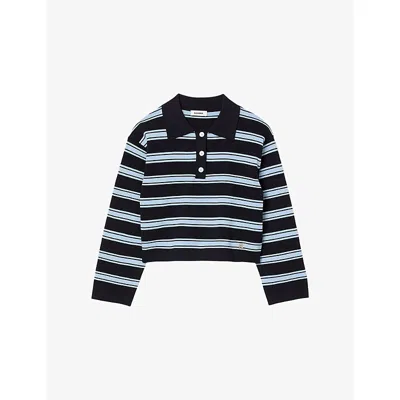 SANDRO WOMENS NAVY BLUE STRIPED LONG-SLEEVE KNITTED POLO SWEATER