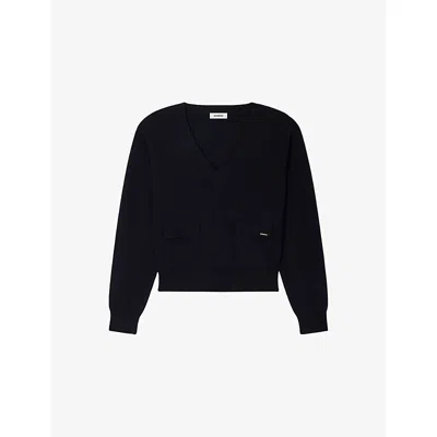 Sandro Womens Navy Blue V-neck Branded Wool Jumper