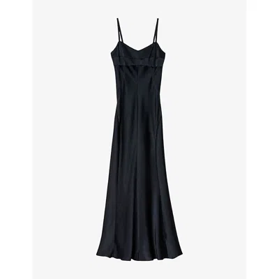 Sandro Womens V-neck Sleeveless Satin-effect Midi Dress Navy Blue
