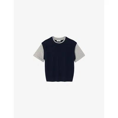Sandro Womens Navy / Grey Layered Short-sleeve Knitted Jumper In Multi