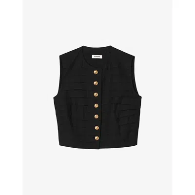 SANDRO WOMENS SANDRO BUTTON-DOWN PLEATED COTTON-BLEND CROP TOP