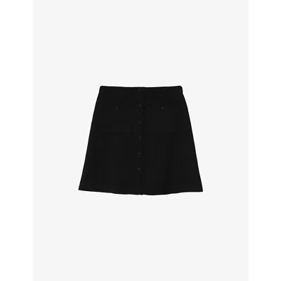 Sandro Womens  Button-up Side-pocket Stretch-woven Mini Skirt In Noir / Gris