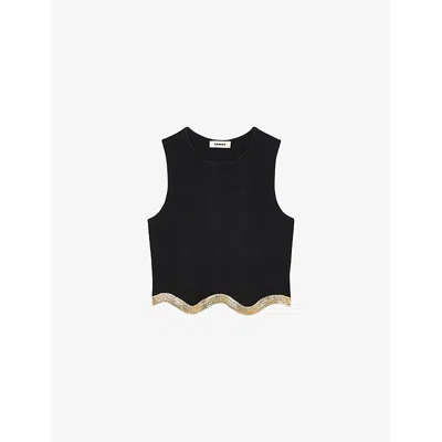 SANDRO WOMENS NOIR / GRIS CHAIN-EMBELLISHED SCALLOPED-HEM STRETCH-WOVEN JUMPER