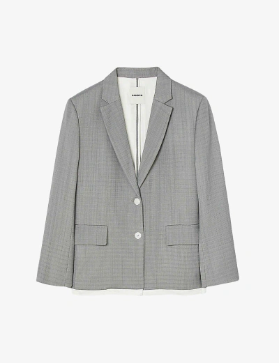 Sandro Womens Noir / Gris Contrast-trim Single-breasted Woven Blazer