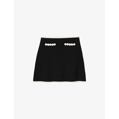 SANDRO WOMENS NOIR / GRIS CROCHET-TRIM MID-RISE STRETCH-WOVEN MINI SKIRT