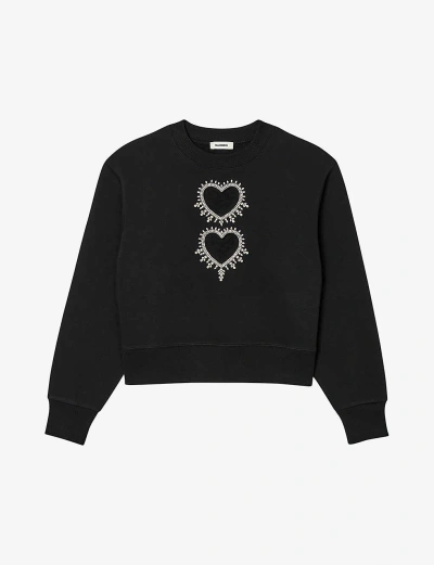 Sandro Womens Noir / Gris Cut-out Heart Cotton-blend Sweatshirt