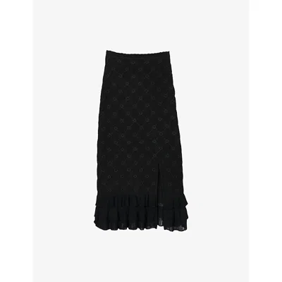 SANDRO WOMENS HIGH-RISE RUFFLE-HEM KNITTED MIDI SKIRT NOIR / GRIS