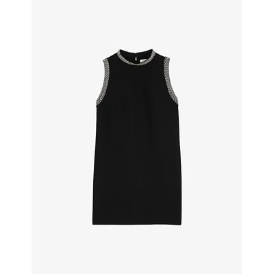 Sandro Womens  Rhinestone-embellished Round-neck Sleeveless Stretch-woven Mini Dress In Noir / Gris