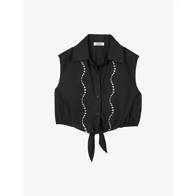 Sandro Womens Noir / Gris Rhinestone-embellished Tie-waist Cotton Shirt
