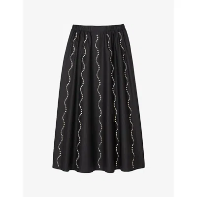Sandro Womens  Rhinestone-embellished Wave-pattern Cotton Maxi Skirt In Noir / Gris