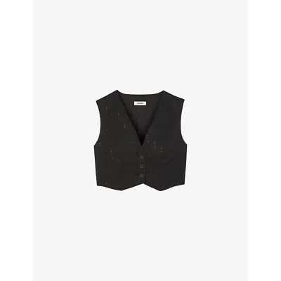 Sandro Womens  Sequin-embellished Cropped Woven Top In Noir / Gris