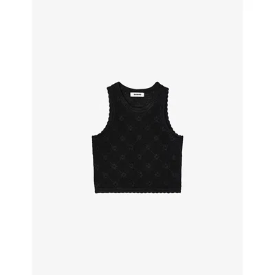 SANDRO WOMENS NOIR / GRIS SLEEVELESS CROPPED KNITTED TOP