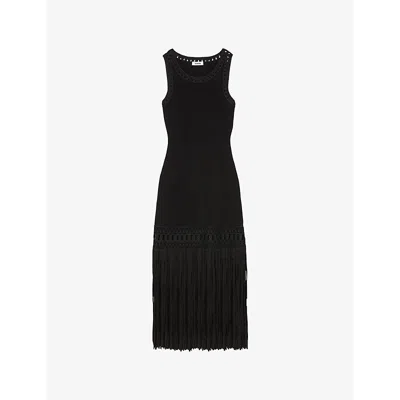 Sandro Womens  Sleeveless Fringed-hem Knitted Midi Dress In Noir / Gris