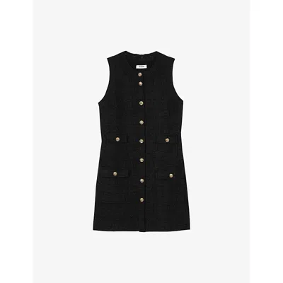 Sandro Womens Noir / Gris Sleeveless Gold-toned Buttons Woven Mini Dress In Multi