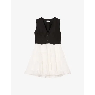 Sandro Womens  Two-in-one Tiered-skirt Woven Mini Dress In Noir / Gris