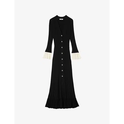 Sandro Womens  V-neck Contrast-cuff Knitted Midi Dress In Noir / Gris