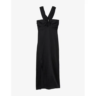 Sandro Womens Noir / Gris V-neck Cut-out Satin-effect Maxi Dress In Black