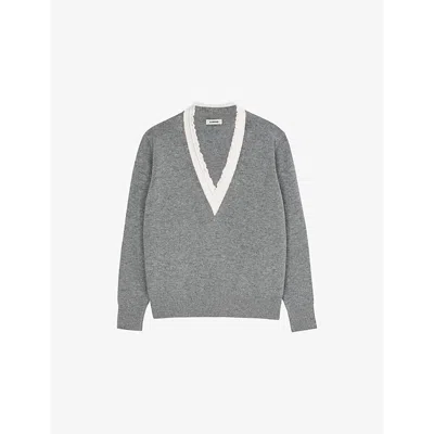 SANDRO WOMENS V-NECK FRILL-TRIM WOOL AND CASHMERE JUMPER NOIR / GRIS