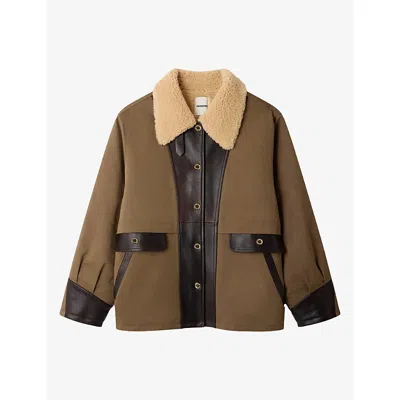 Sandro Womens Olive Green Collared Two-tone Cotton Coat In Brown
