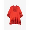 Sandro Womens Rouges Oversized Lace-trim Cotton-blend Mini Dress In Rouges