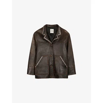Sandro Womens Brown Oversized Stud-embellished Leather Jacket