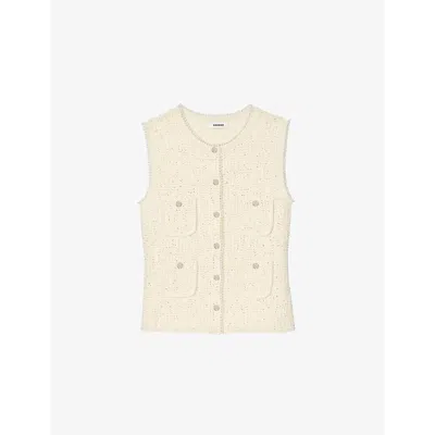 Sandro Womens Patch-pocket Faux-pearl Trim Tweed Waistcoat Naturels