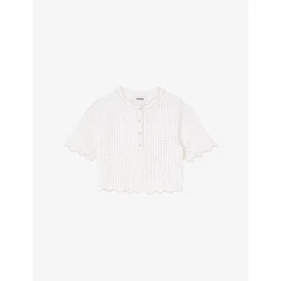 Sandro Womens Naturels Pearl-embellished Cropped Knitted Top