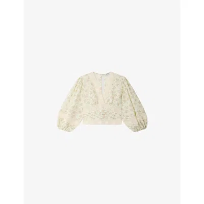 Sandro Womens  Floral-print Cropped Woven Top In Neutral