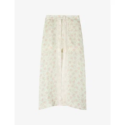 SANDRO WOMENS PINK / GREEN FLORAL-PRINT LACE-TRIM WOVEN MAXI SKORT