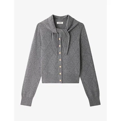 Sandro Womens Pointelle-knit Scarf-detail Wool And Cashmere Cardigan Grey
