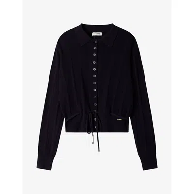Sandro Womens Pointelle-knit Tie-waist Wool-blend Cardigan Navy Blue