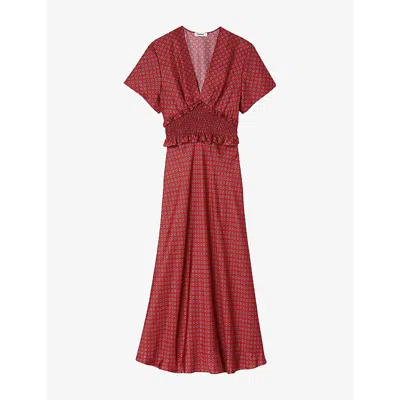 Sandro Womens Scarf-print V-neck Woven Maxi Dress Red / Pink
