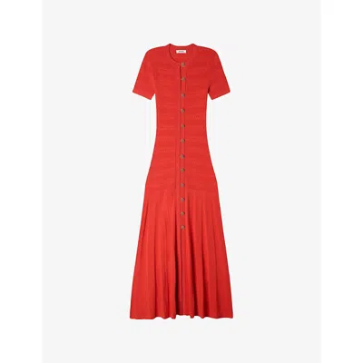 Sandro Womens Red Short-sleeved Button-up Knitted Maxi Dress