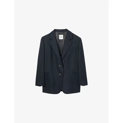 Sandro Womens Navy Blue Rhinestone-embellished Single-breasted Stretch-wool Blazer