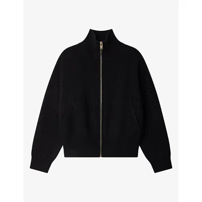 Sandro Womens Rhinestone-embellished Relaxed-fit Knitted Cardigan Black
