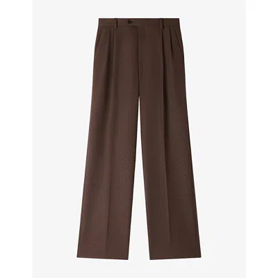 Sandro Womens Rhinestone-embellished Straight-leg High-rise Wool-blend Trousers Brown